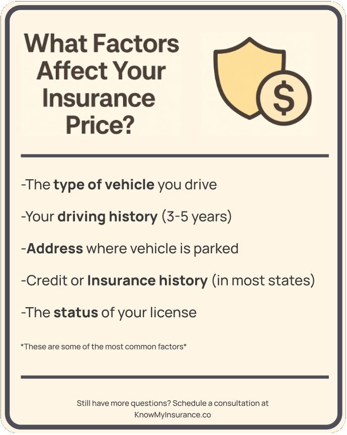 Insurance companies use a litany of different factors to decide your rating. Things like your driving history and the type of vehicle are the most impactful, but factors like your address and insurance history can also make a palpable difference.